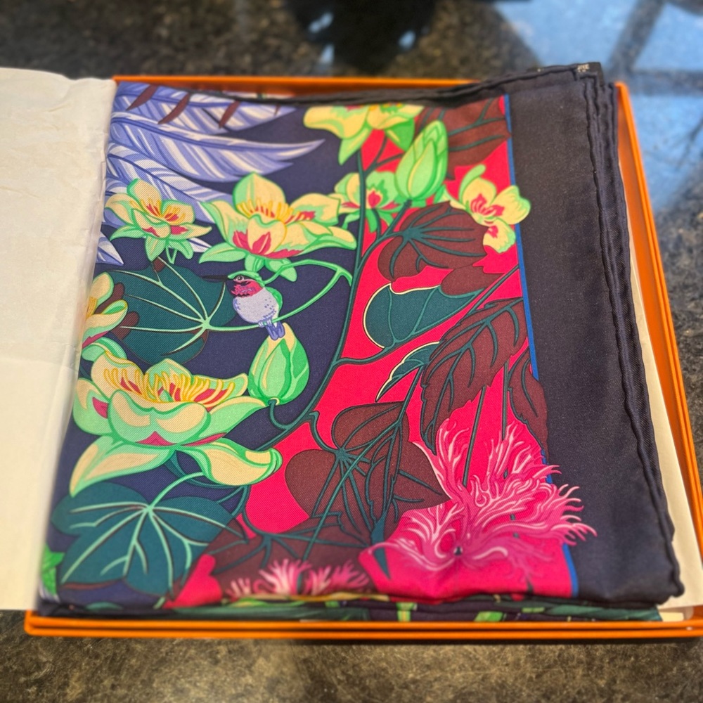 Hermes 100% Silk Twill hand rolled scarf in Flamingo Party Print
